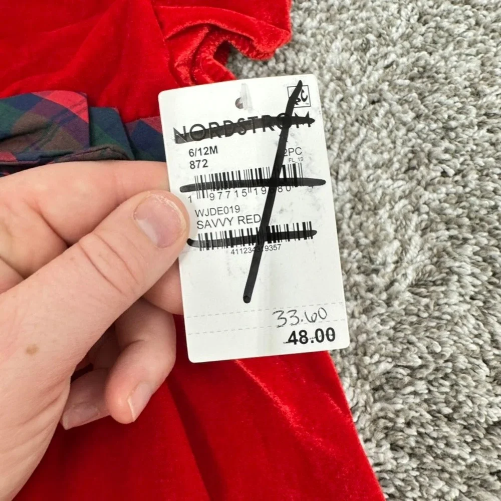 Sammy + Nat Baby Girls Red Velvet Christmas Dress‎ Outfit 6/12M Plaid Bow NWT - Picture 3 of 10